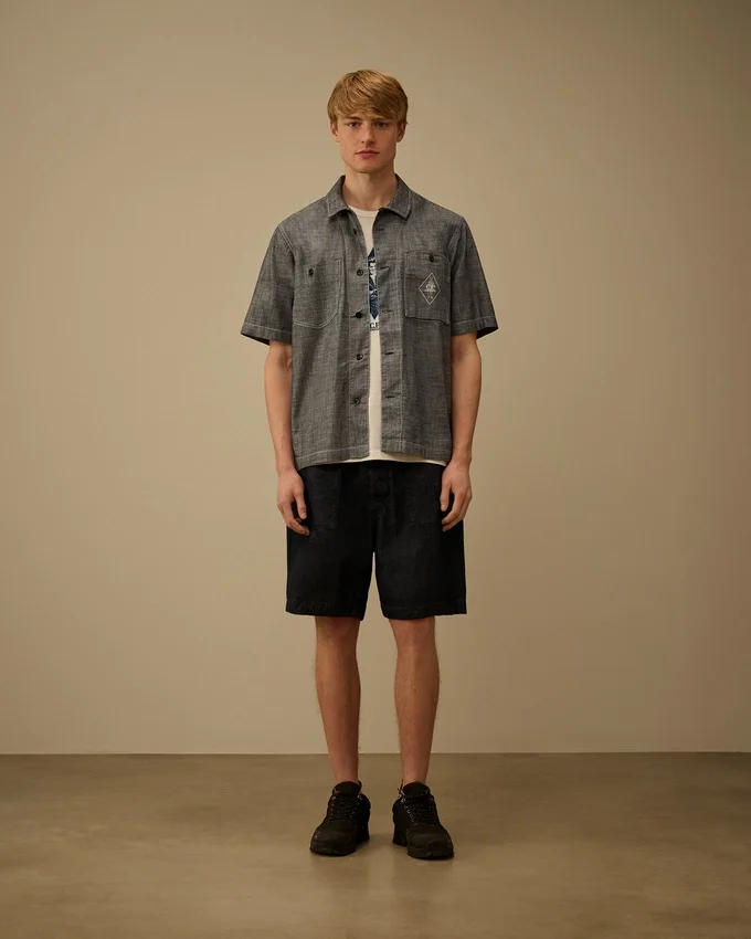 Camicia a maniche corte in chambray con bottoni
