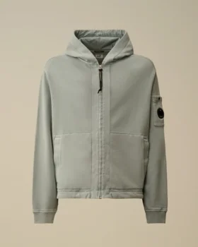 Felpa con cappuccio e zip in pile di cotone a trama diagonale