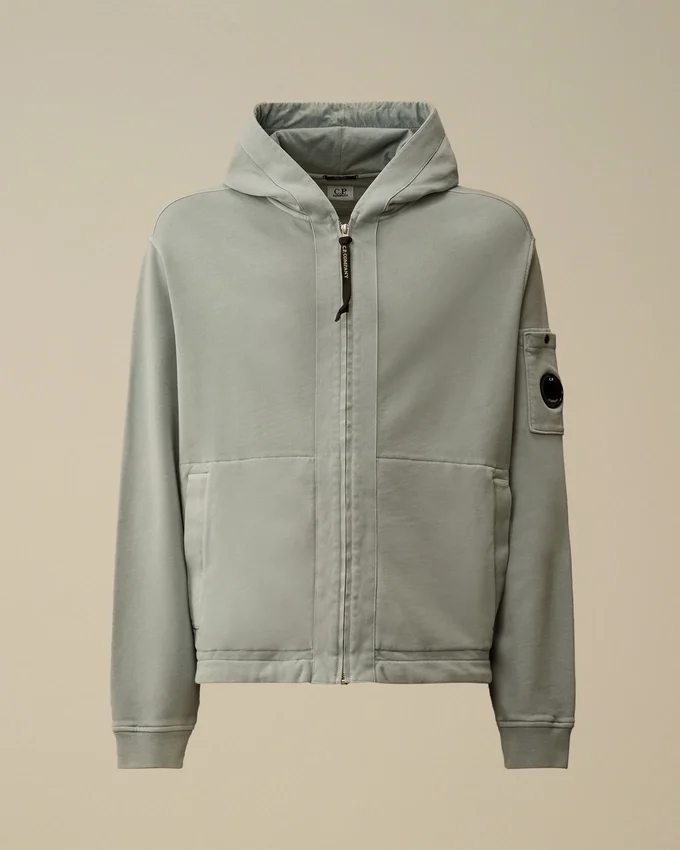 Felpa con cappuccio e zip in pile di cotone a trama diagonale