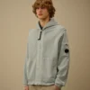Felpa con cappuccio e zip in pile di cotone a trama diagonale