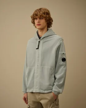 Felpa con cappuccio e zip in pile di cotone a trama diagonale