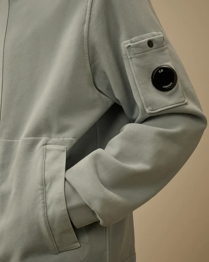 Felpa con cappuccio e zip in pile di cotone a trama diagonale