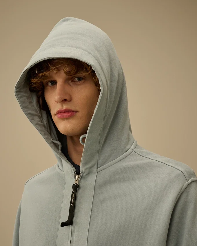 Felpa con cappuccio e zip in pile di cotone a trama diagonale