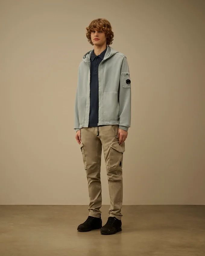 Felpa con cappuccio e zip in pile di cotone a trama diagonale