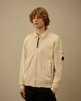 Felpa con zip in pile di cotone a trama diagonale e lente