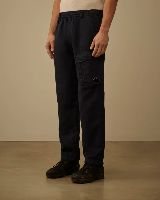 Pantaloni cargo elasticizzati in cotone/lino con tasche a lente